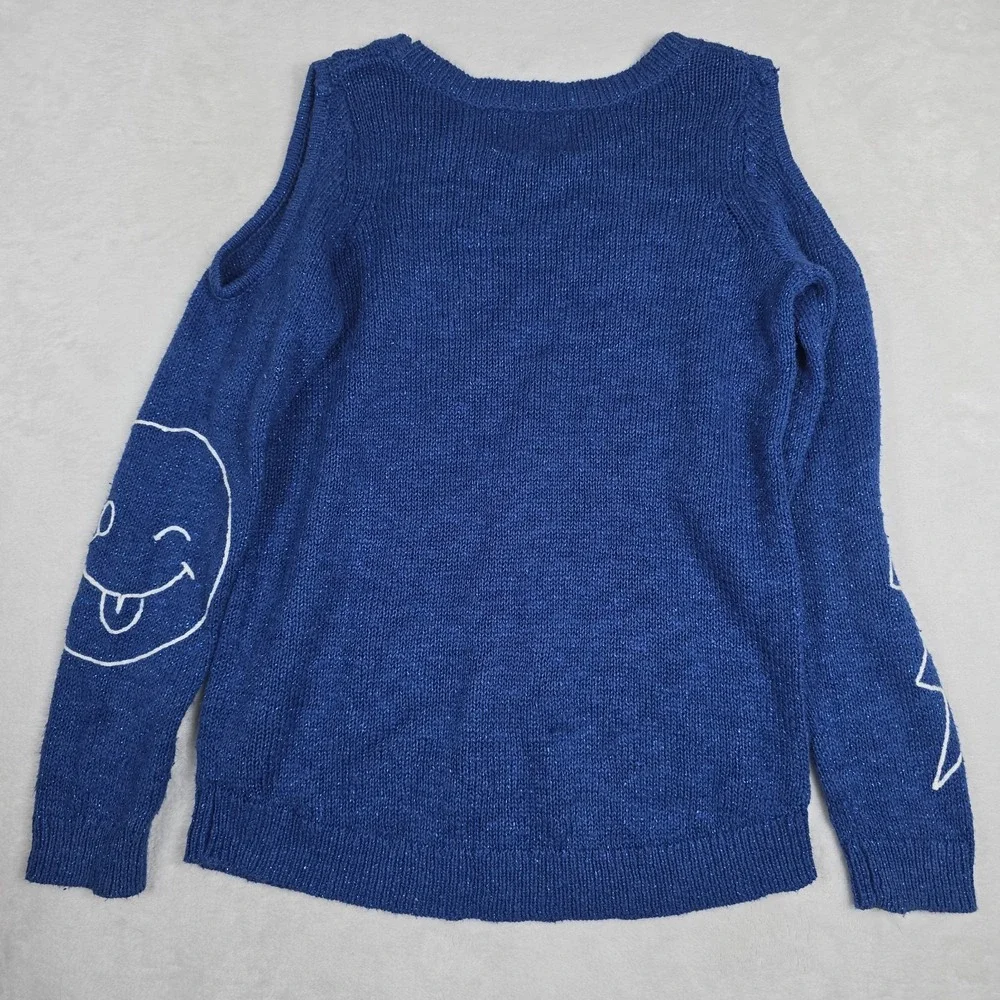 Justice Girls Blue Sparkle Cold Shoulder Graphic Sweater Size 16 Peace Star Hey
